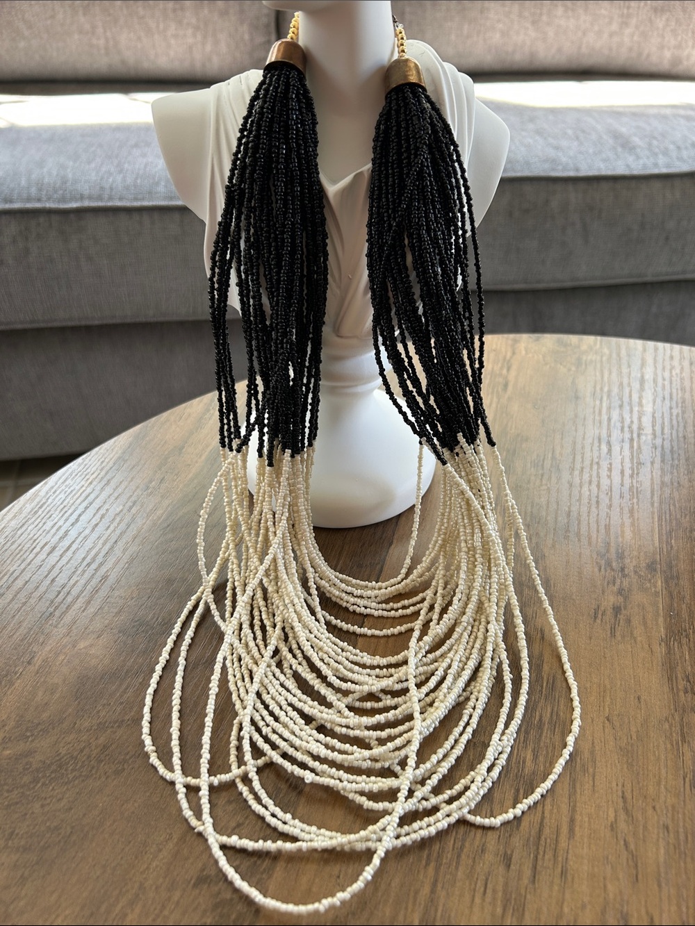 Vintage Two-Tone Black and Ivory Beaded Statement Necklace